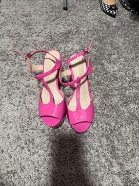 Hot Pink Patent Open-Toe Ankle Strap Heels